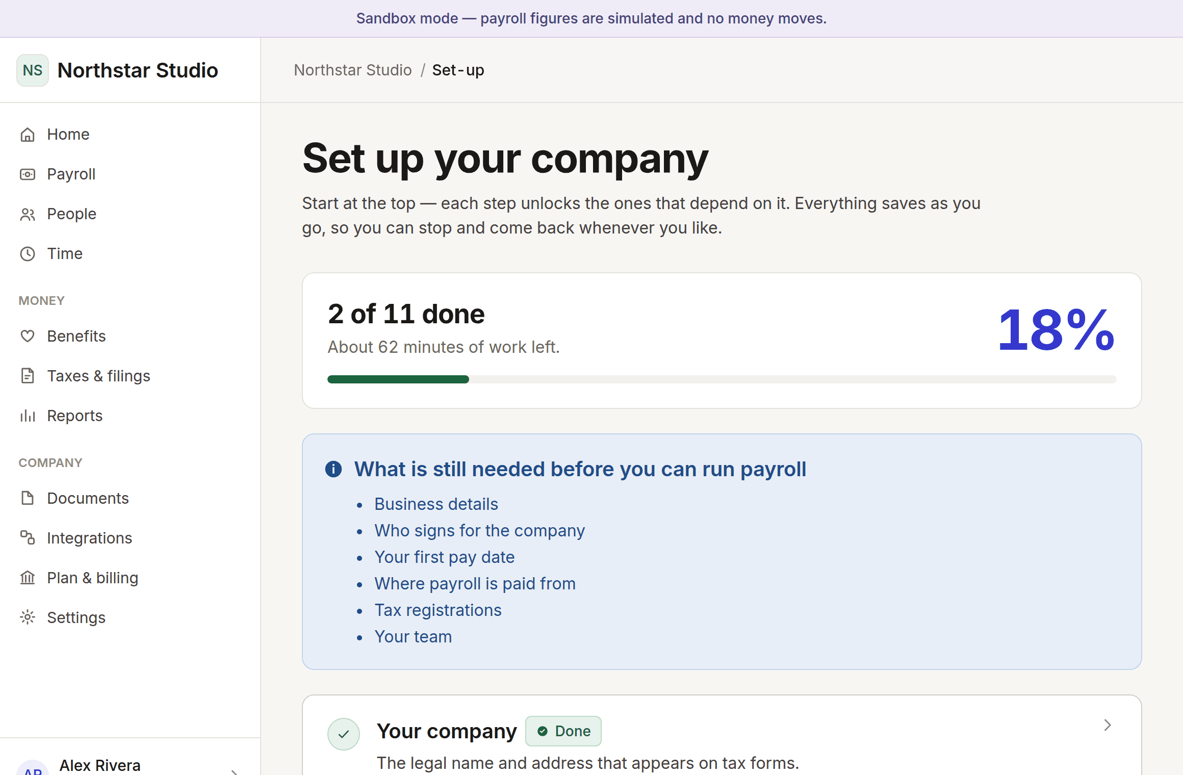 The set-up checklist for a company called Northstar Studio, showing progress and the time left.