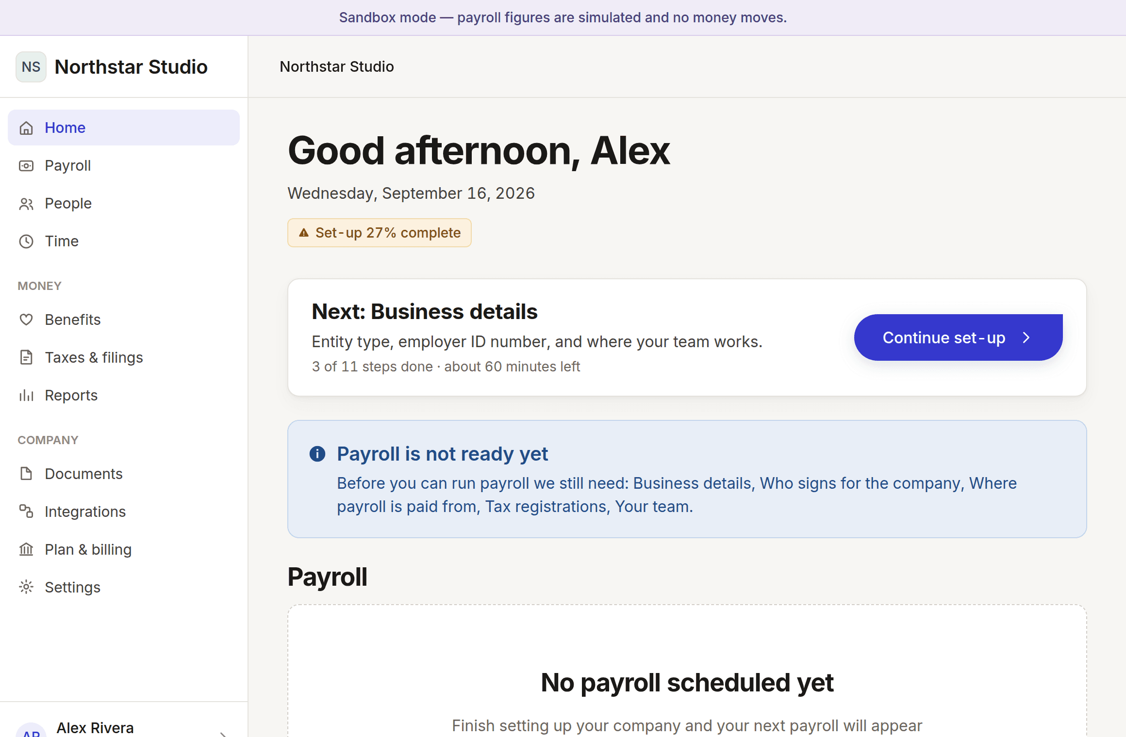The company home screen, showing set-up progress and the next step.