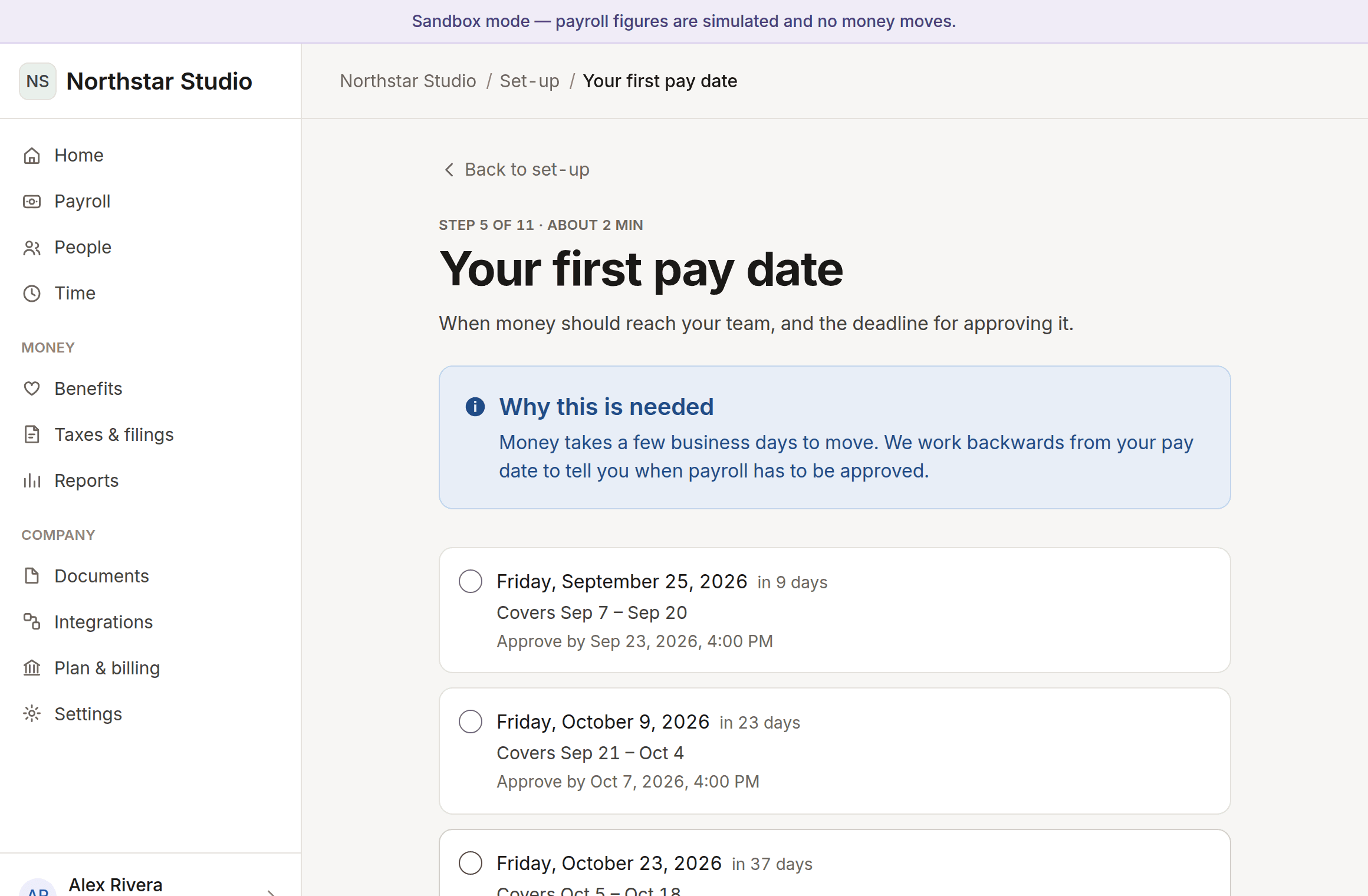 Choosing a first pay date, each option showing the period it covers and the approval deadline.