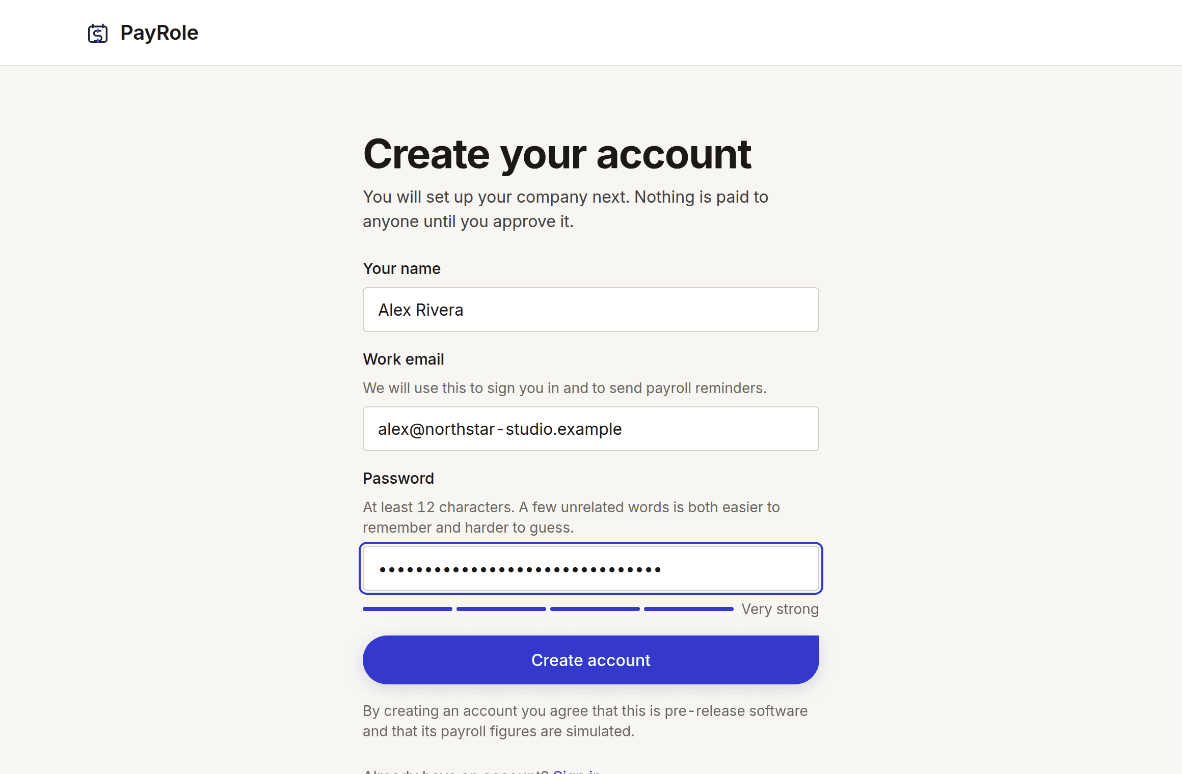 The sign-up form, filled in with a name, a work email address and a password.