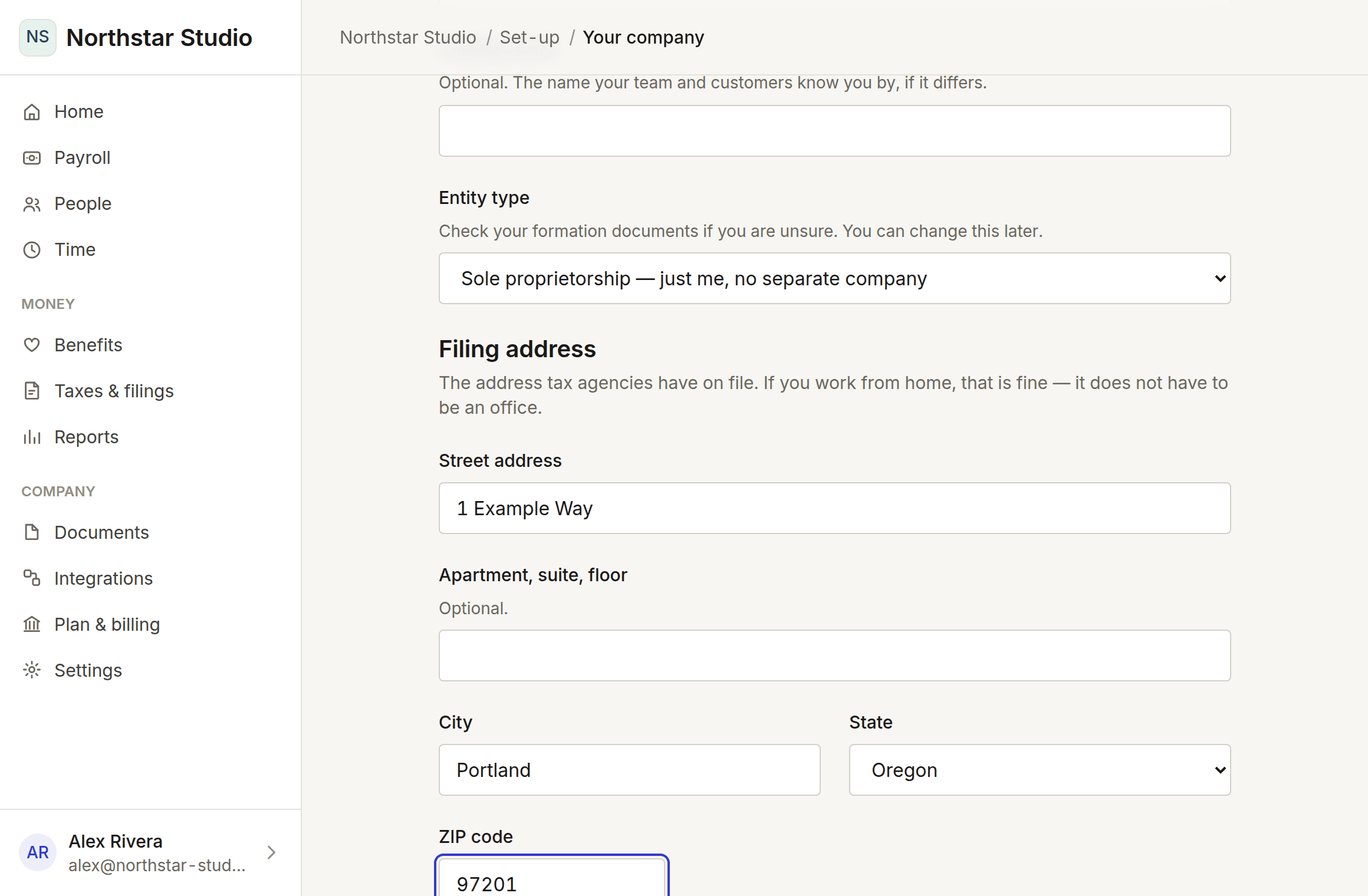 The company step, with a legal name, entity type and registered address filled in.