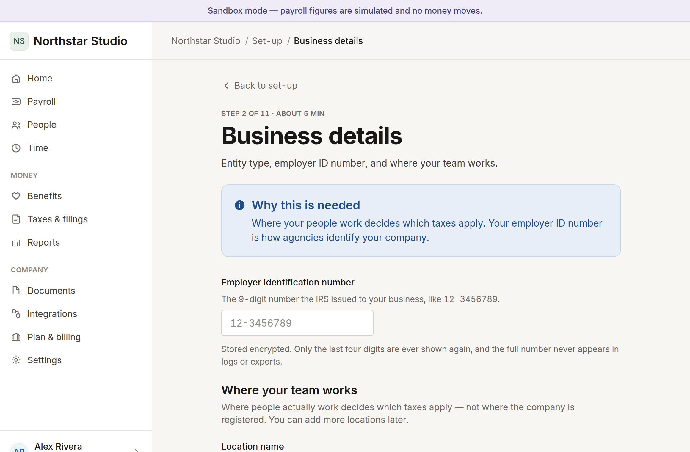 The business details step, asking for tax registration numbers and work locations.