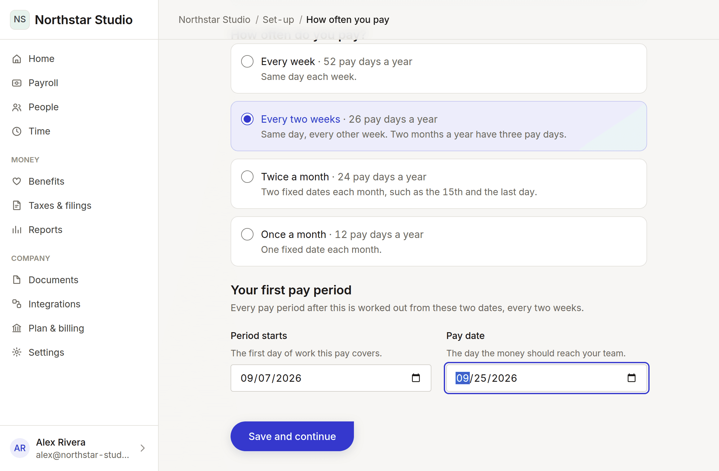 The pay schedule step, with a fortnightly frequency and a first period selected.
