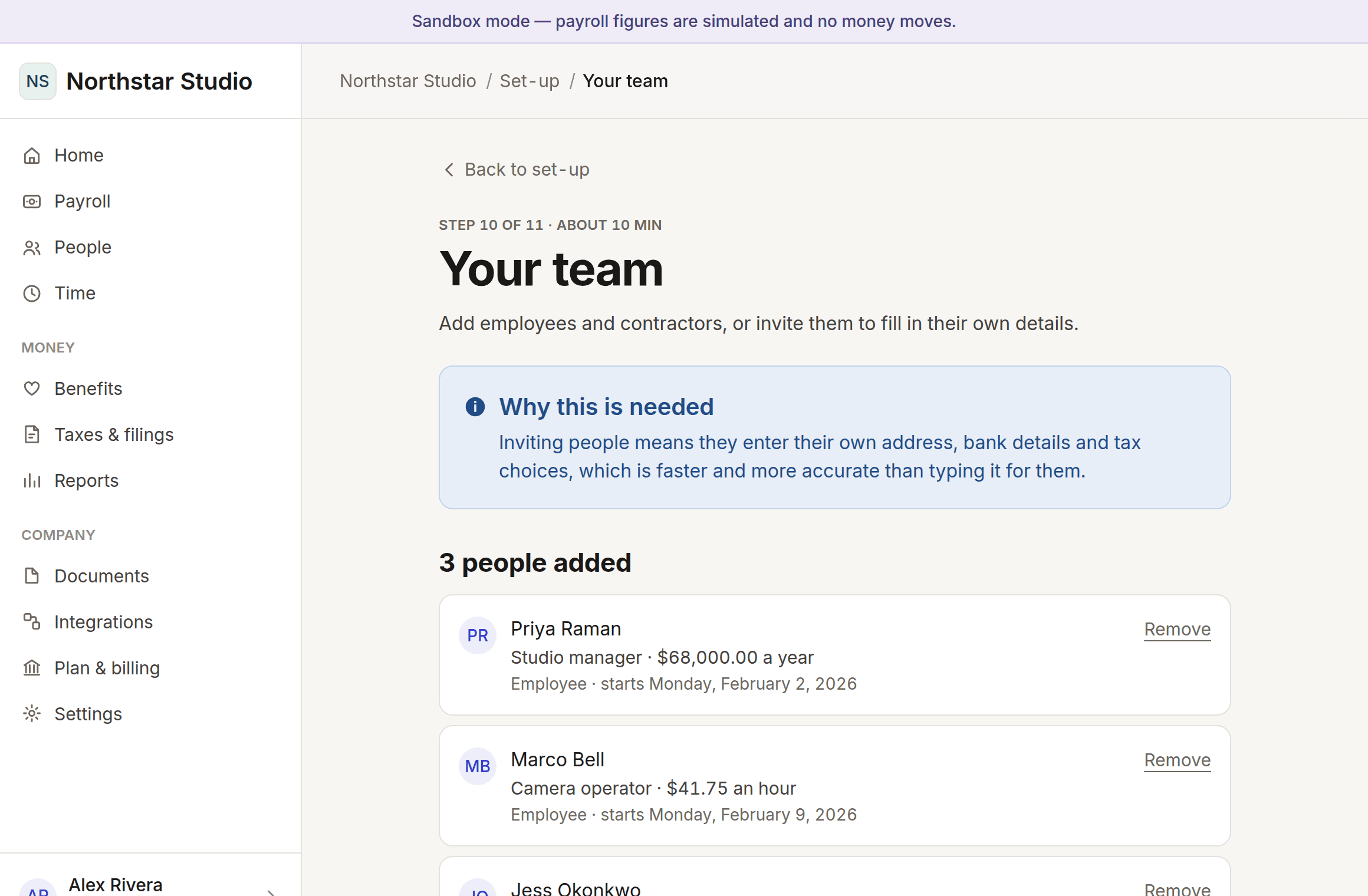 A list of three added workers with their job titles, pay and start dates.